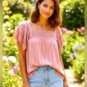 Lace Trim Pink Women's Top